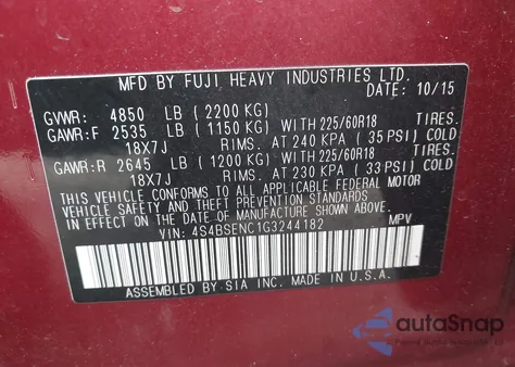 2016 Subaru Outback 3.6R Limited from USA, damaged, VIN 4S4BSENC1G3244182